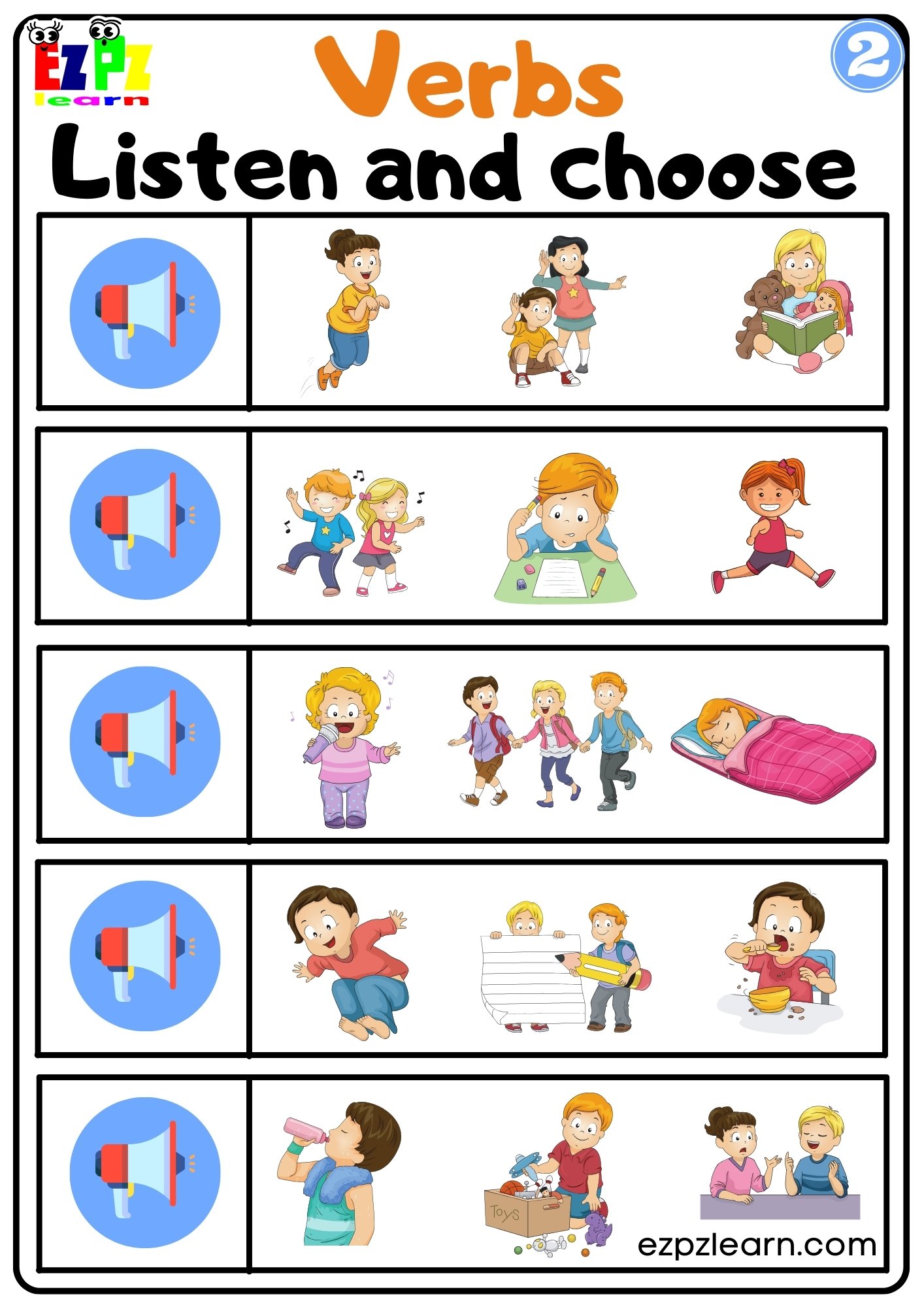 Interactive Verbs Worksheet Listen and Choose the Correct Images Activity for K5 and ESL